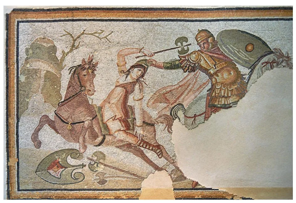 A re-do of this disturbing Roman mosaic now in the Louvre.
Wiping the smug smile off the face of the male soldier and changing a defeat into victory.