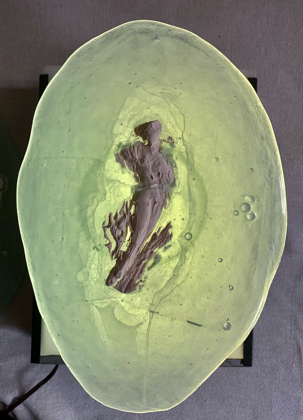 "Sea Weed" ... Pearl diver series. Porcelain fired on glass, 12x7" ...
Backlit translucent pearl diver cameo. Trying to evoke the feeling of the British Museum specimen drawers and viewing tables