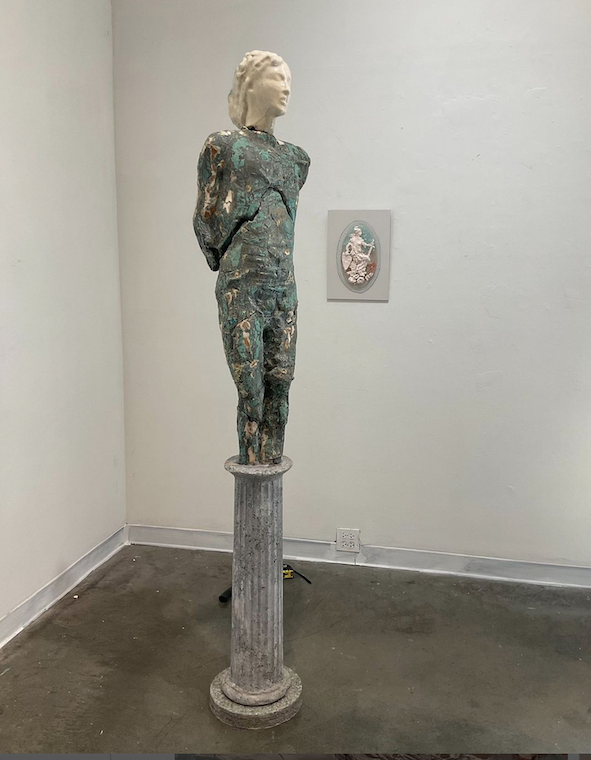 “Aphrodite Stepping Out” #beingclearly" ... 81x20x20", 2017 .. A transformation which became alive and non conforming with the addition of a faux marble ceramic female head on an existing faux bronze ceramic male torso .. From the transformation gr