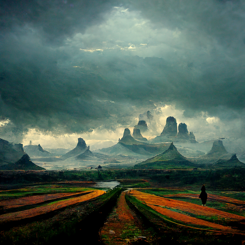 Image of a landscape with stormy clouds overhead. Long perspective into the distance of mountain shapes.