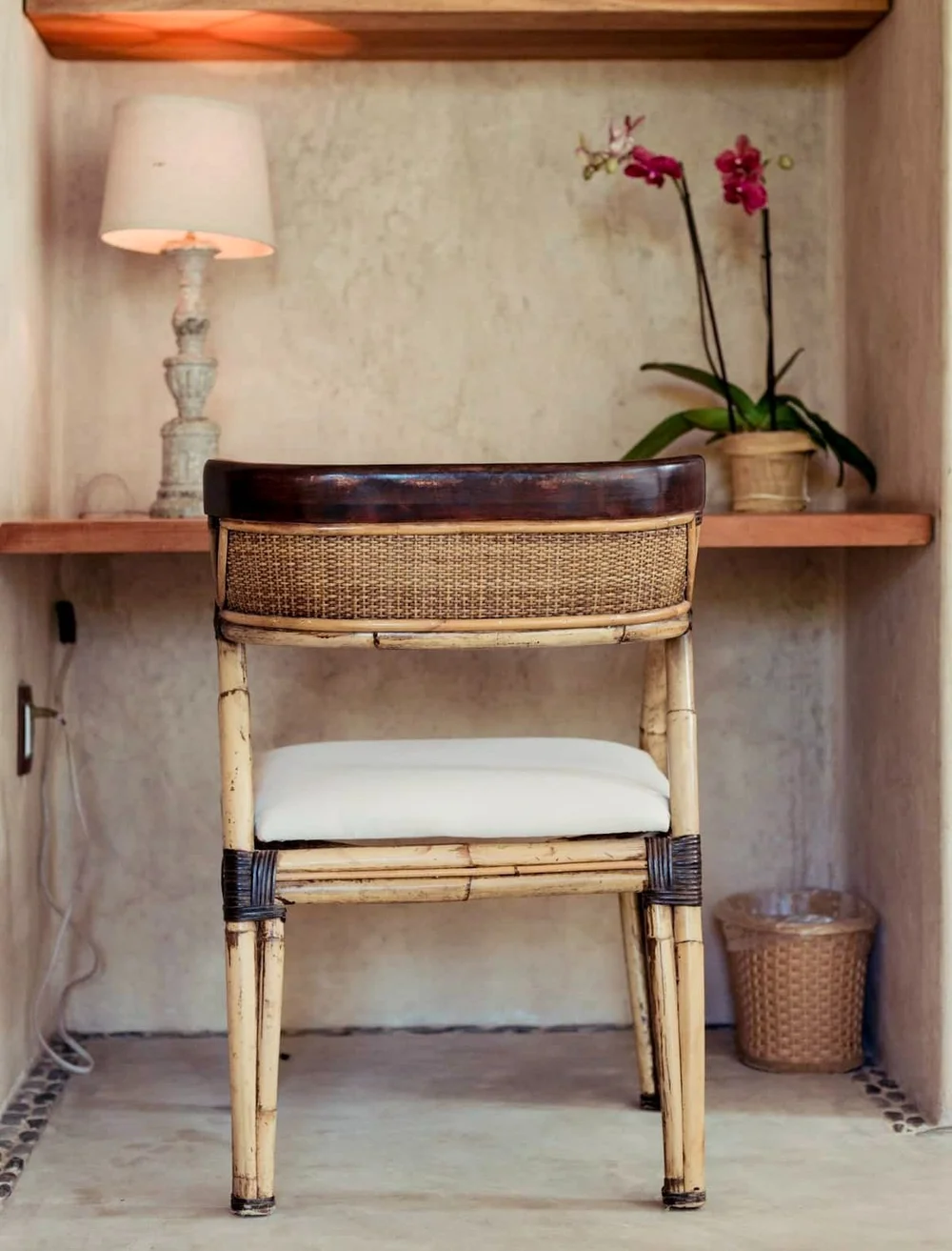 Writing desk and soft linens in Casa Maya Ka’an garden suite—restful space for luxury yoga & wellness retreat in Mexico.
