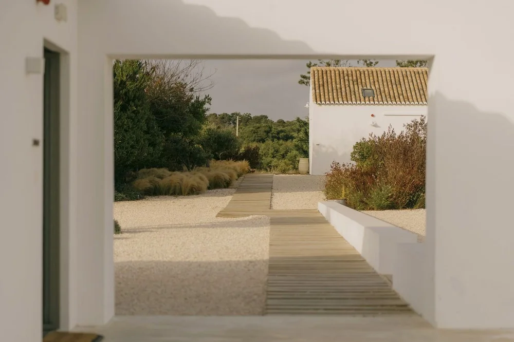 Wooden path leading through native gardens between whitewashed buildings at Amaria near Odeceixe