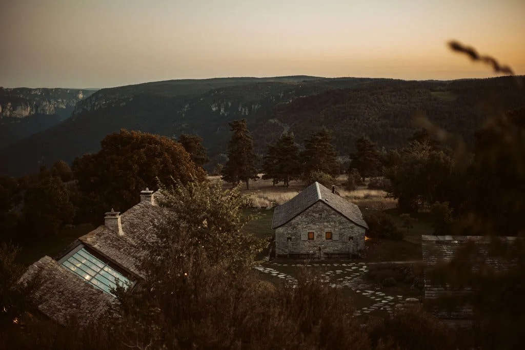 Evening light over Almières, a private farmhouse wellness retreat above the Gorges du Tarn in southern France