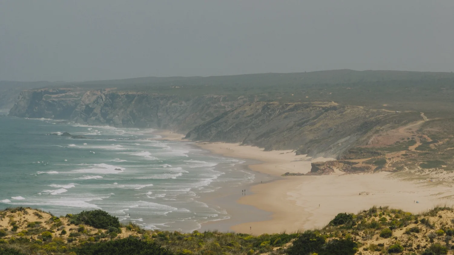Wide sweep of cliffs, beach and Atlantic on Portugal’s Costa Vicentina, near Amaria