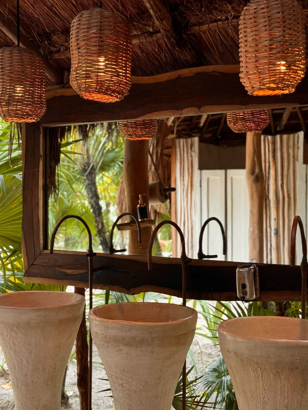Outdoor-style bathroom for the glamping tents at Casa Maya Ka’an — hot water and modern fittings in a nature-immersed retreat setting near Tulum, Mexico
