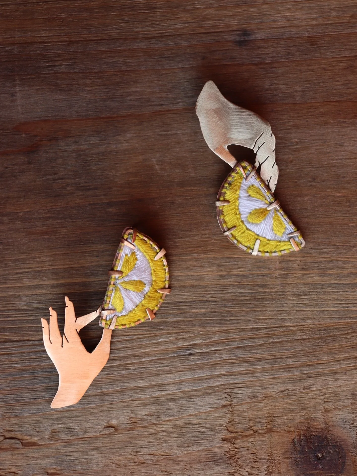 It&rsquo;s warming up again so you know I can&rsquo;t leave the fruit alone! Which one is next?

$185 + shipping, dm to claim 
Hand embroidered cotton, 14k gold filled frame, brass backing with lacquer, sterling silver ear wire