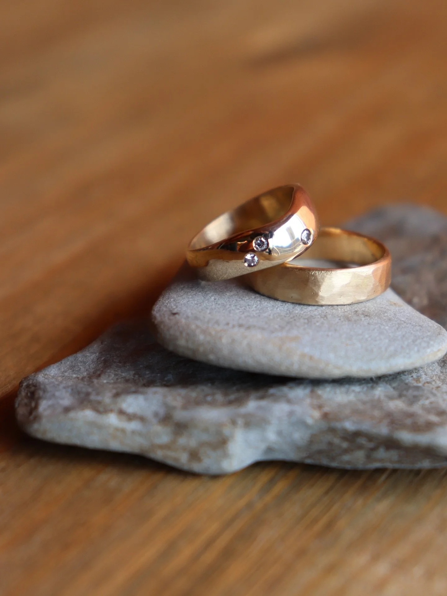 Custom wedding bands for @_._.danim._._ + John with gold + diamonds from her mother&rsquo;s jewelry