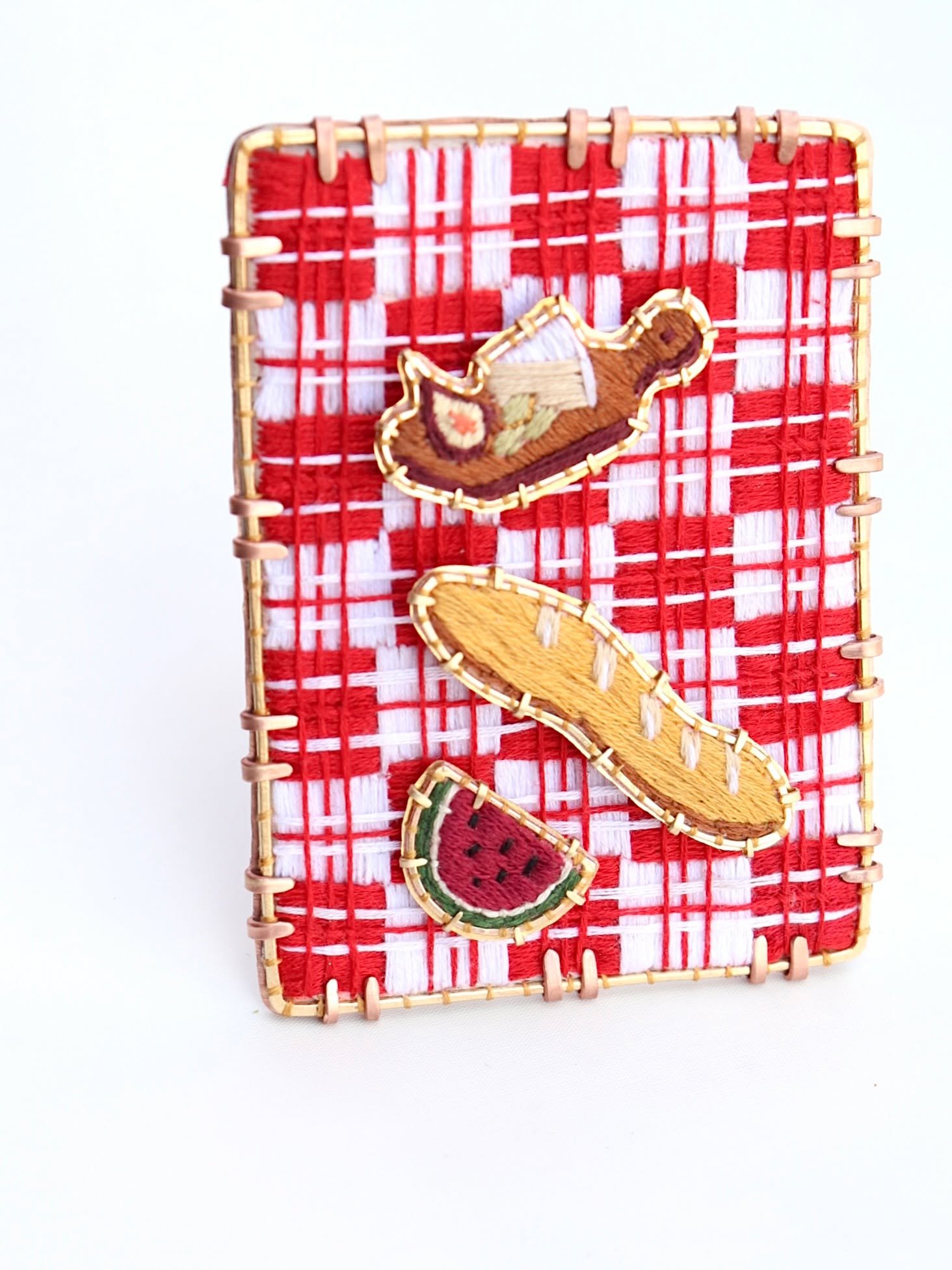 Packing + sending off a little lunch picnic to @southerncomfort.jam 

&ldquo;What I Bring To The Picnic&rdquo;
Hand embroidered cotton brooch, brass, copper, magnets, steel

Being from &ldquo;The South&rdquo; means that I know just how very [un]comfo