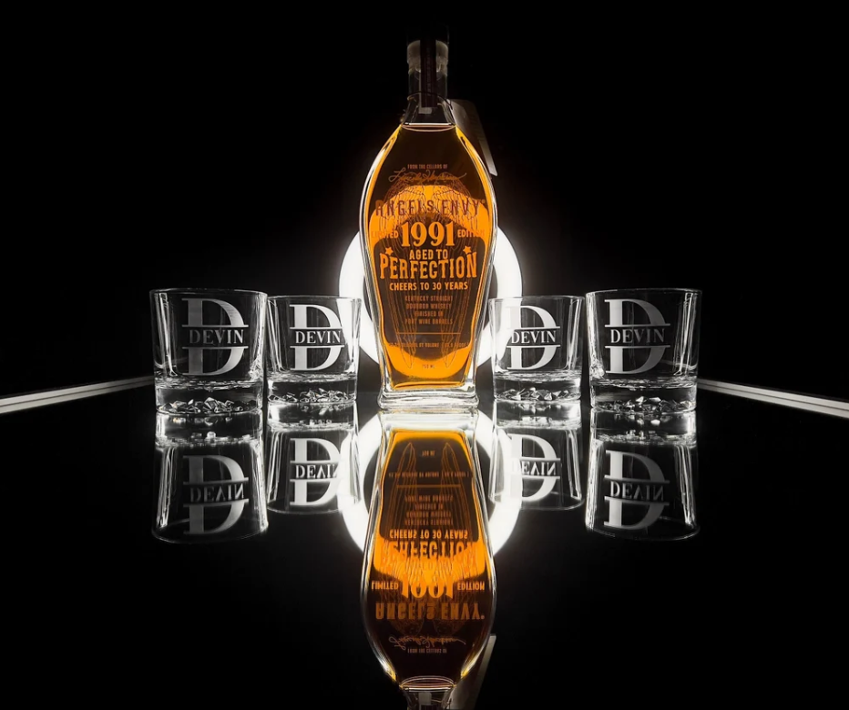 Custom Whiskey Bottle & Set of 4 Personalized Engraved Glasses