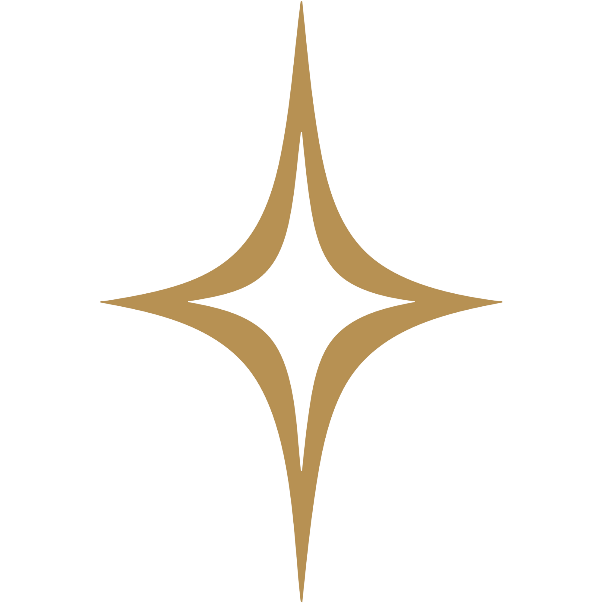 Gold-colored, four-pointed star with elongated points in a symmetrical pattern, on a black background.