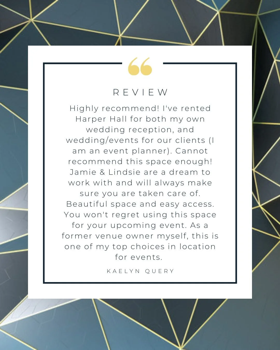 ✨ Testimonial Thursday ✨

A huge thank you to Kaelyn for your wonderful review! We loved working together to create unforgettable moments and can&rsquo;t wait to collaborate again. 💫💍

📍 177 N Upper Street | 📞 859.492.1473 | ✉️ info@HaperHallLex.