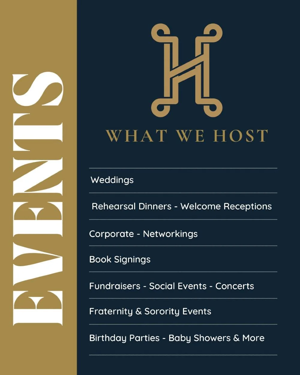Looking for the perfect space to host your next event?

Our versatile space is designed to accommodate a wide range of events, all in one beautiful location.

We offer an open vendor policy, giving you the freedom to choose the vendors that fit your 