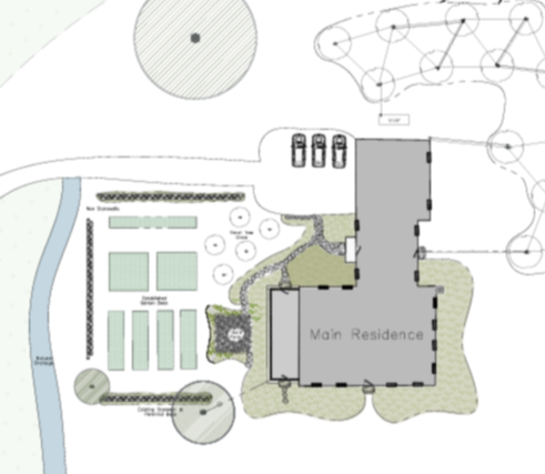 A modern house with white exterior, surrounded by lush green shrubbery, flowering plants, and trees in the background.