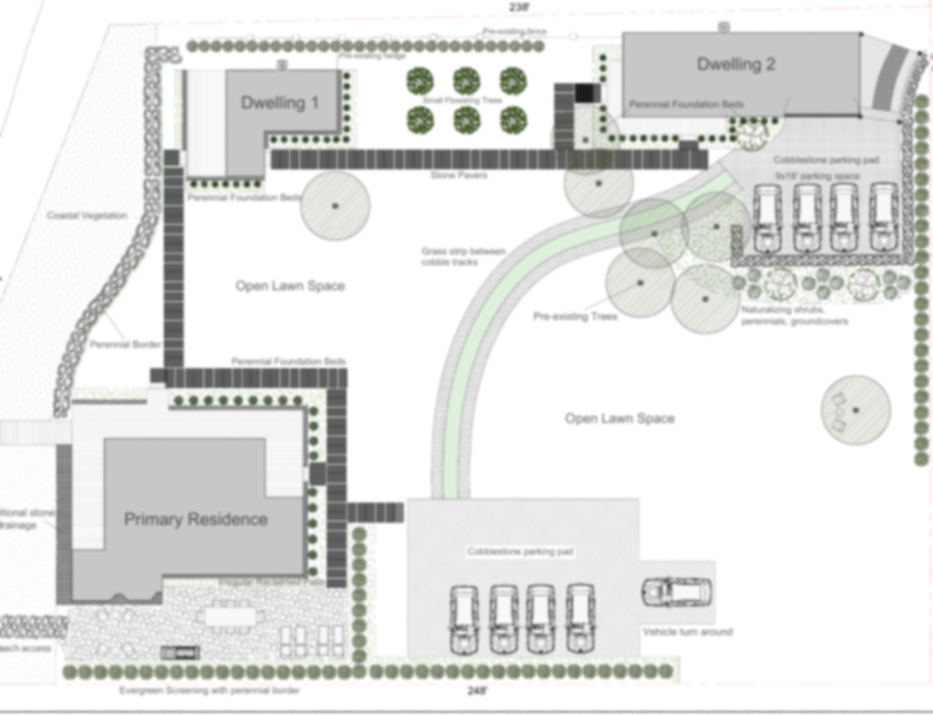 A rocky garden border with purple and green plants near a beach with a dock, sea, and cloudy sky.