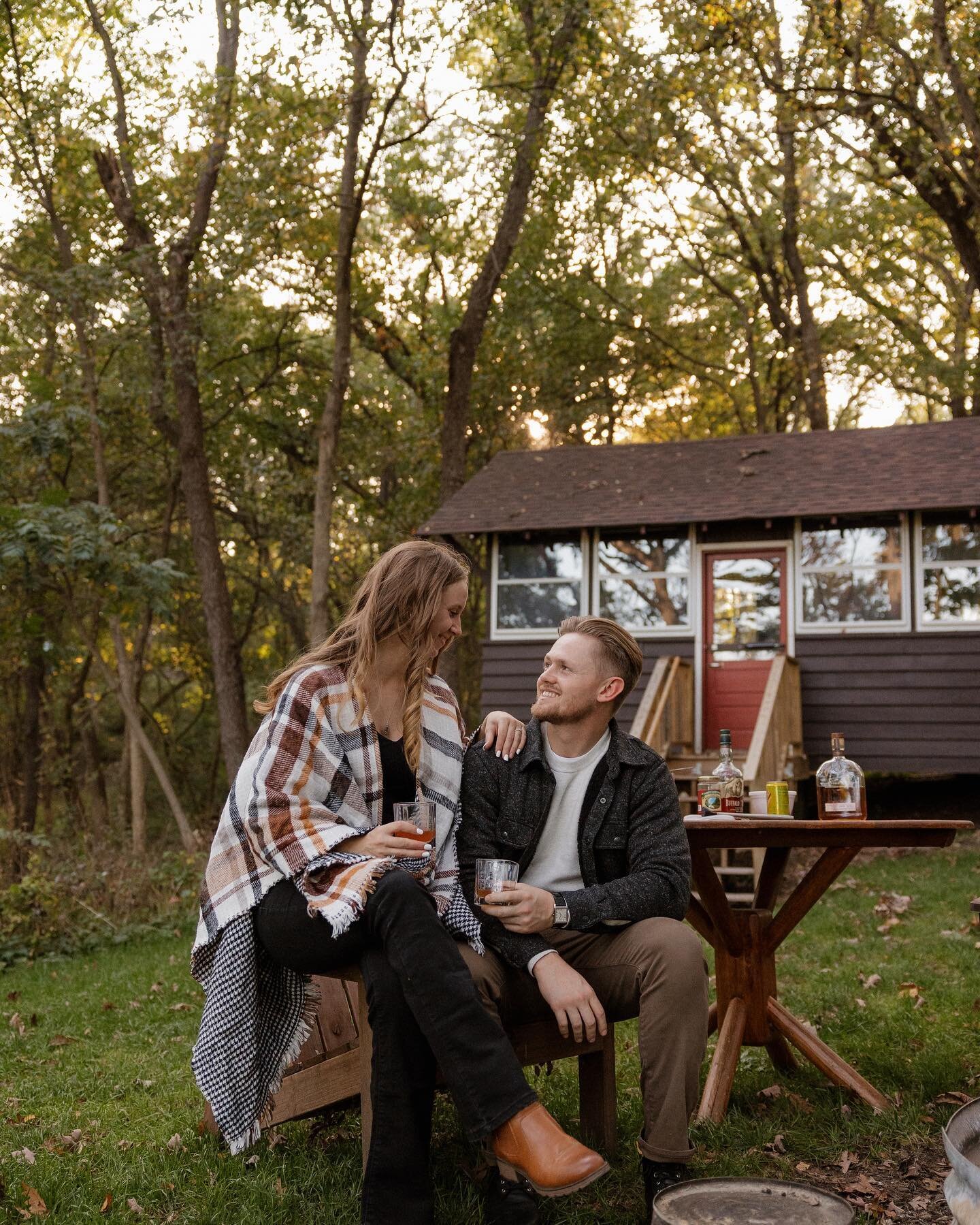 the coziest fall camp engagement session full of all the fall colors/plaids, old fashioneds, &amp; so much laughter and love. We explored their camp wedding venue (I&rsquo;m biased but the best kind of wedding venue😉) via golf cart and it was just t