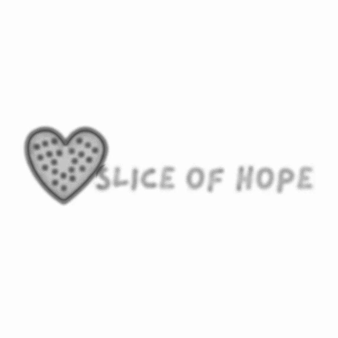 logo of slice of hope, hand written tyope with a heart that resembles a watermelon