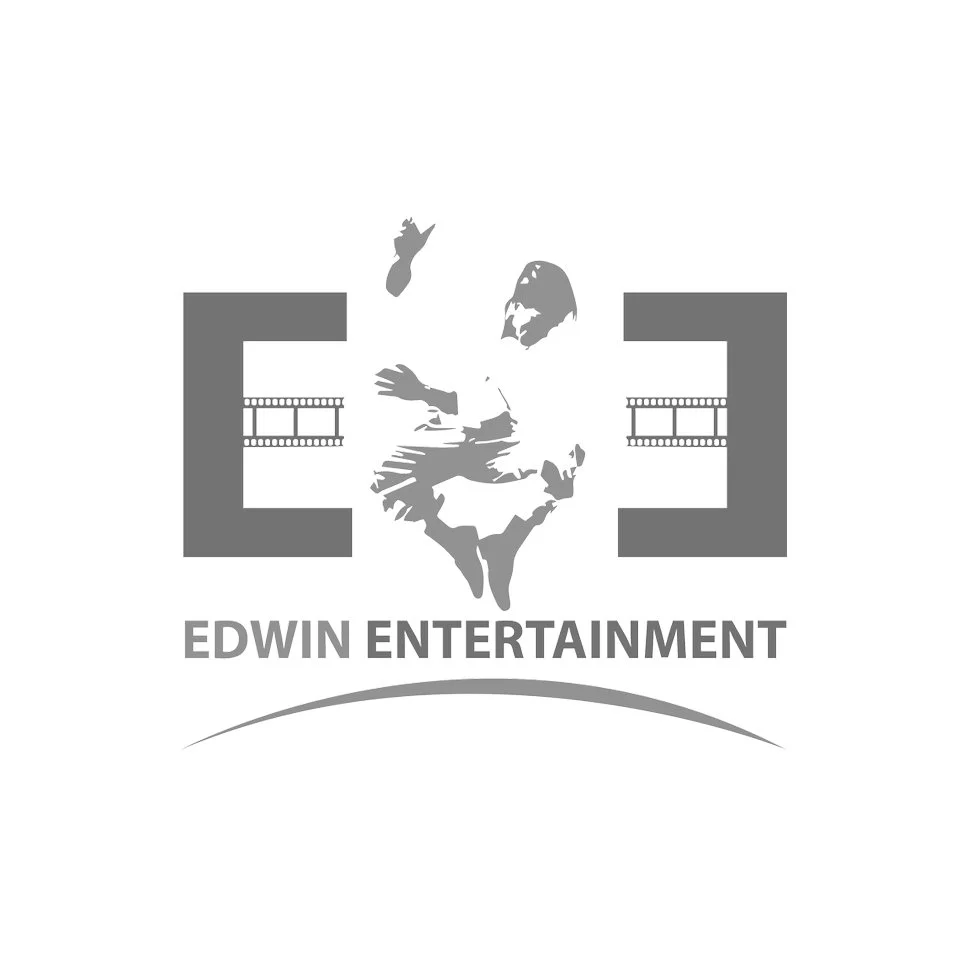 Edwin Entertainment logo with film strips and a vector of a man jumping in the air