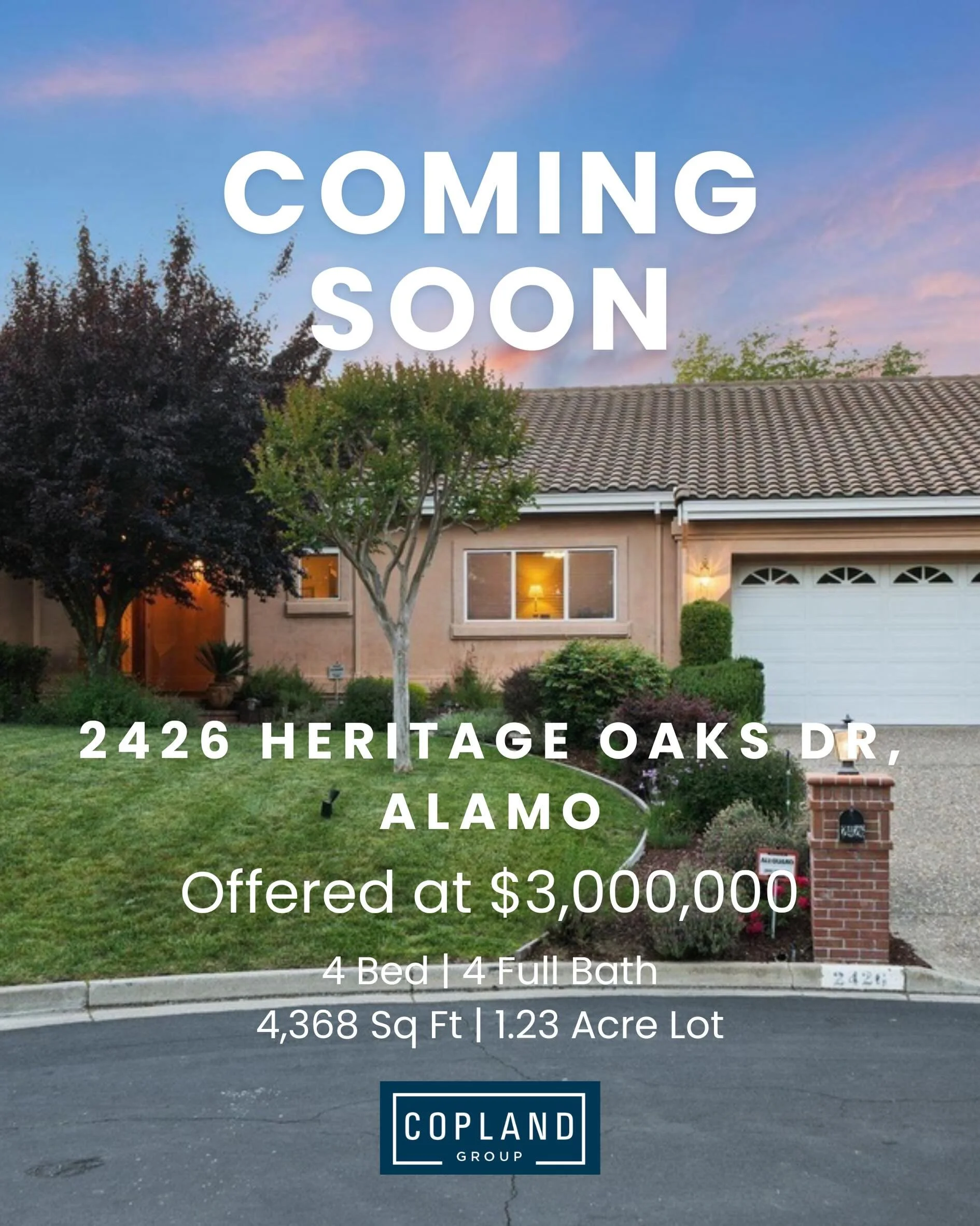 COMING SOON 

2426 Heritage Oaks Dr, Alamo

$3,000,000

4 Beds | 4 Baths | 1.23 Acre Lot | 4,368 Sq Ft

Single Story close to Round Hill Country Club!

✅ Private court Location 
✅ 3-Car garage
✅ Close to Round Hill 
✅Single-level living 
✅Impressive 