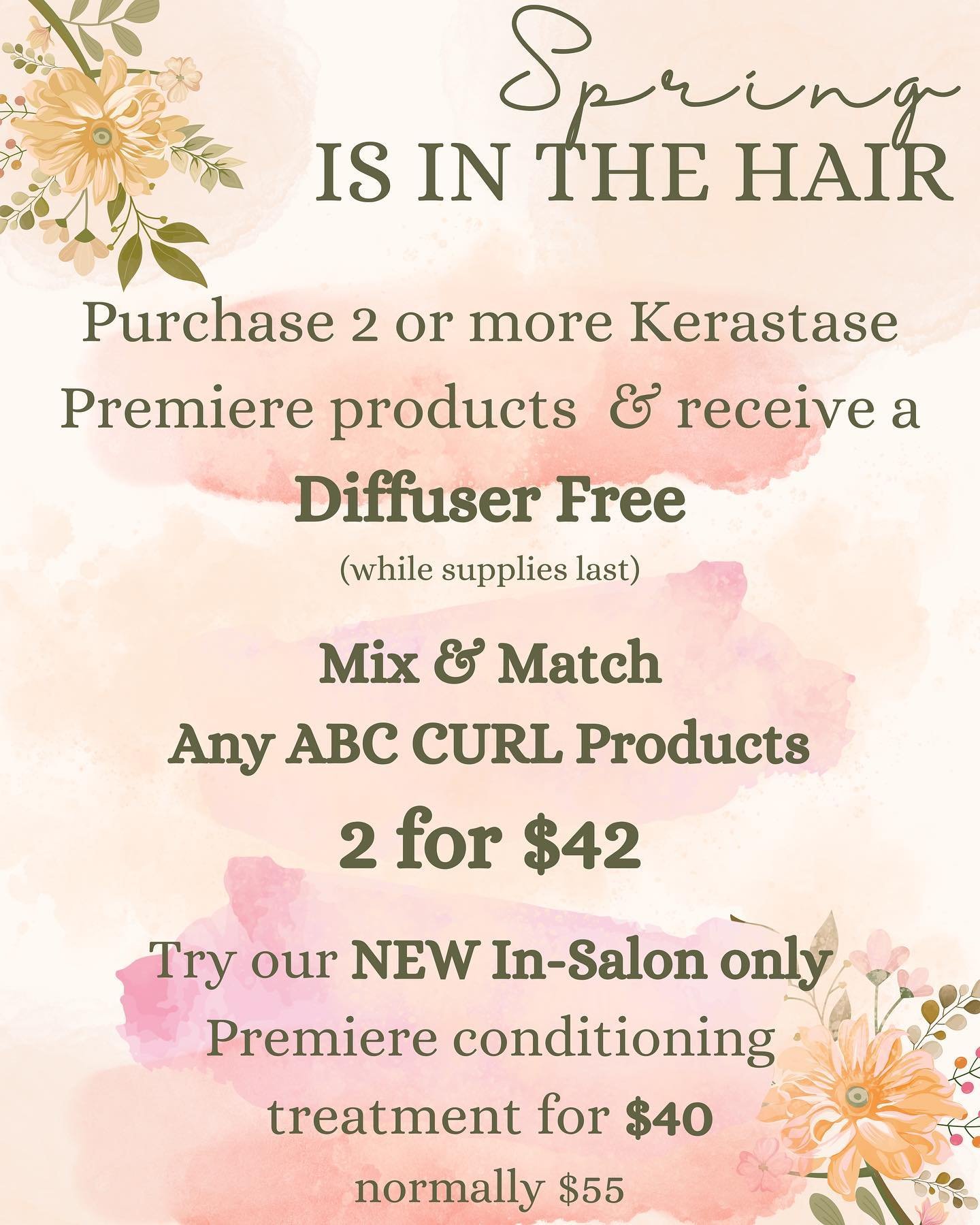 SPRING IS IN THE HAIR 🌸🌷🌿💗 &amp; we have some amazing promotions this month. Mother&rsquo;s Day is coming up on May 12 so make sure you treat your mom (or yourself tbh) to one of our Mother&rsquo;s Day packages 😊

To make an appointment, give us