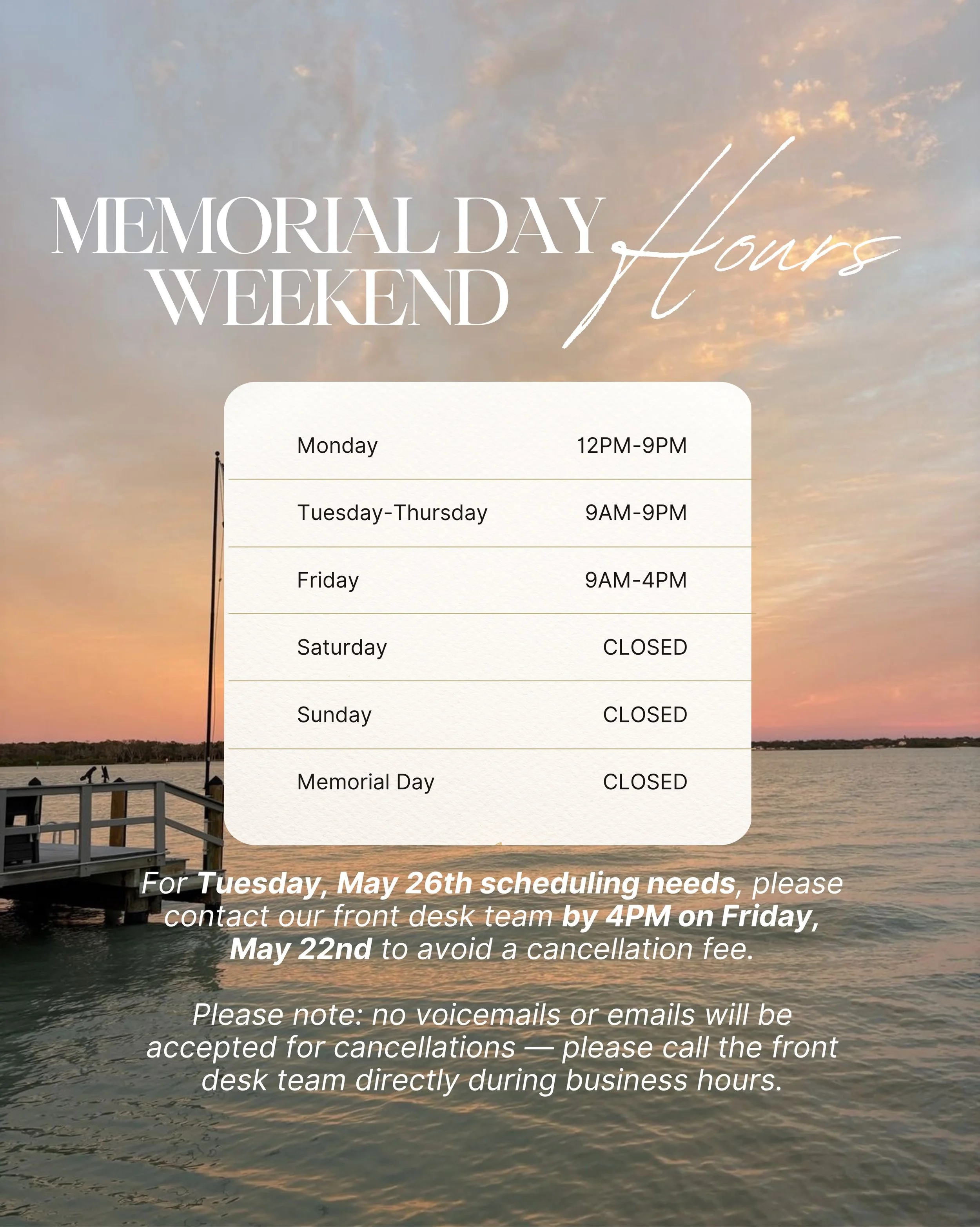 We have extended our hours this upcoming Monday to accommodate Memorial Day weekend hair needs! 

We will be closed on Saturday, May 23rd for the long weekend so our staff can enjoy time with their families 🇺🇸✨

For Tuesday, May 26th scheduling nee