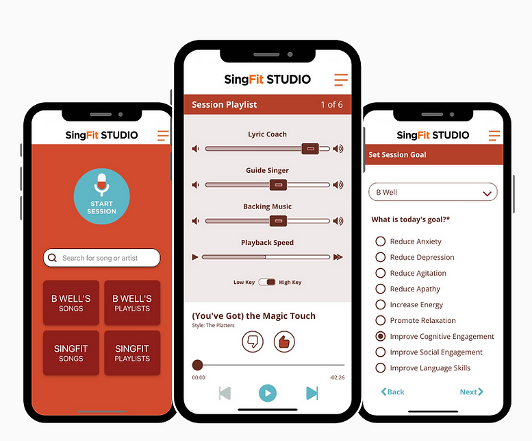 Screenshots of a mobile app named SingFit STUDIO displaying options to select music, adjust session settings, and set session goals.