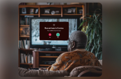 Man watching TV with a notification on the screen indicating a bus will arrive in 5 minutes.