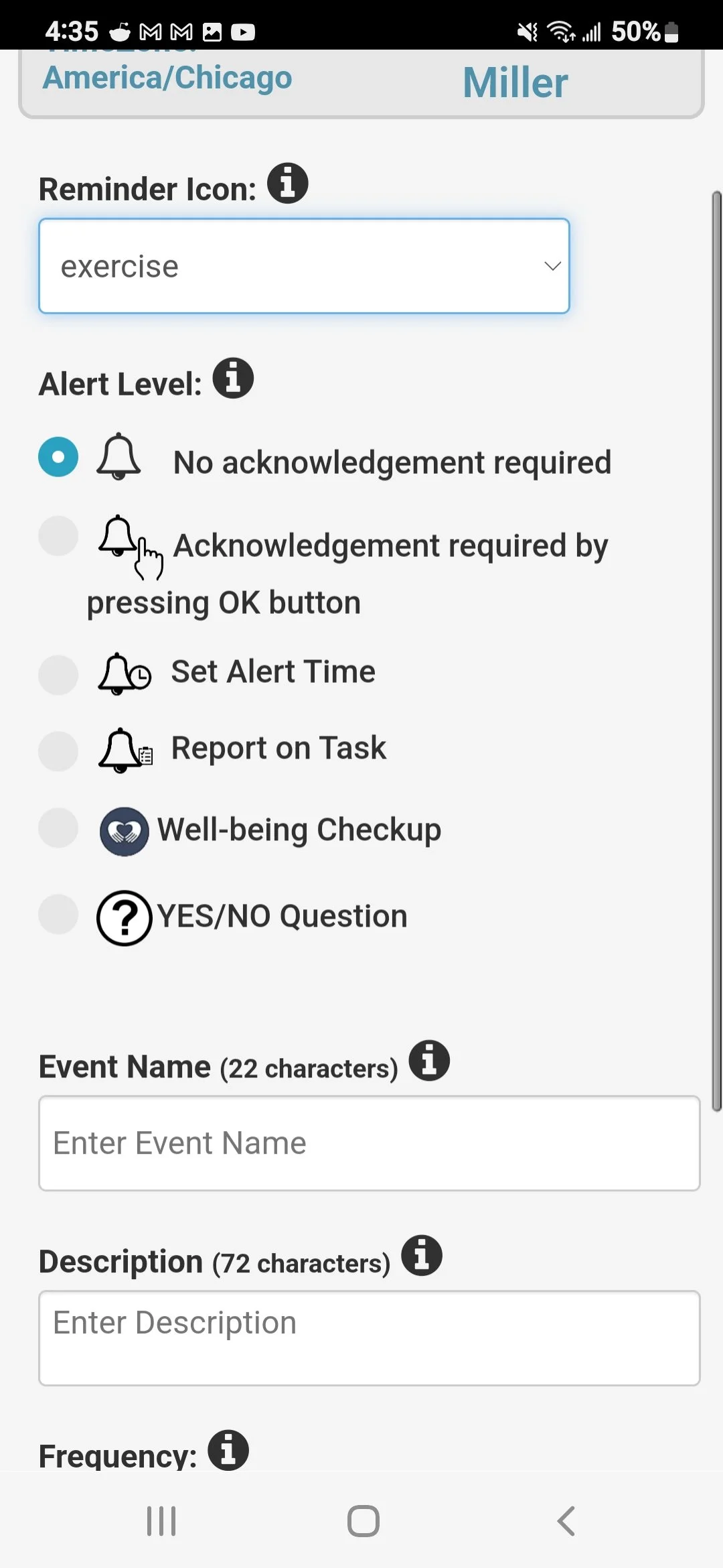 Screenshot of a mobile app interface for setting reminders with options for exercise and health checkups.