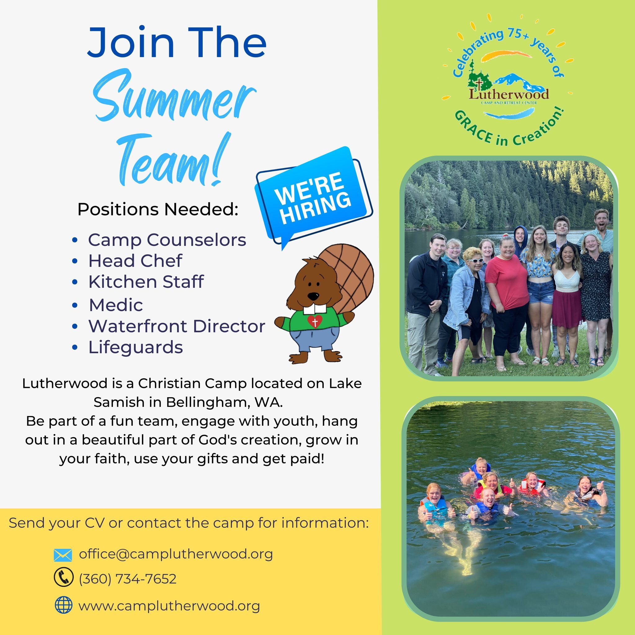 Come work at Lutherwood this summer! Be part of a fun team, engage with youth, hang out in a beautiful part of God's creation, grow in your faith, use your gifts, and get paid! More information can be found on the camp website www.camplutherwood.org/
