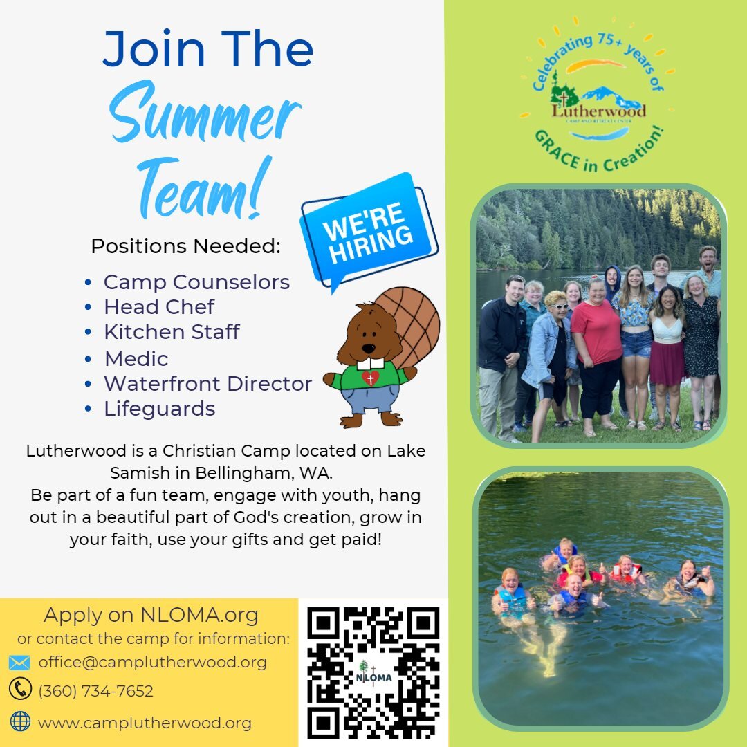 Come work at Lutherwood this summer! Be part of a fun team, engage with youth, hang out in a beautiful part of God's creation, grow in your faith, use your gifts, and get paid! 
Apply on NLOMA.org
More information can be found on the camp website www