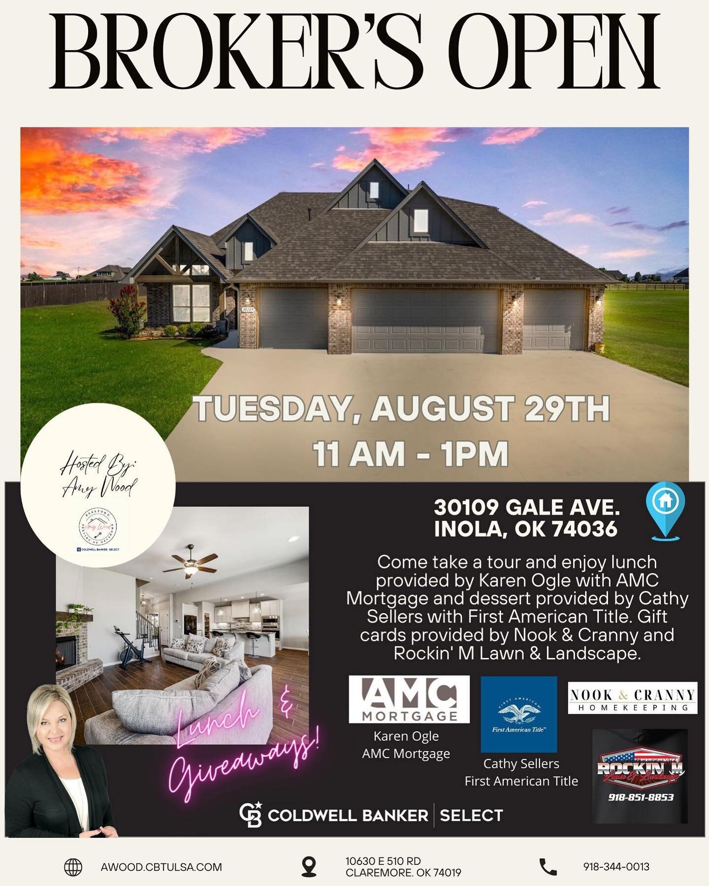 We are excited to be sponsoring a Broker's Open for our friend @amywoodcbselect! Come by Today from 11-1pm to be entered into the gift card drawing!&nbsp;

See the flyer for more info!&nbsp;&nbsp;

#nookhomestulsa #tulsahomes #tulsarealestate #tulsab