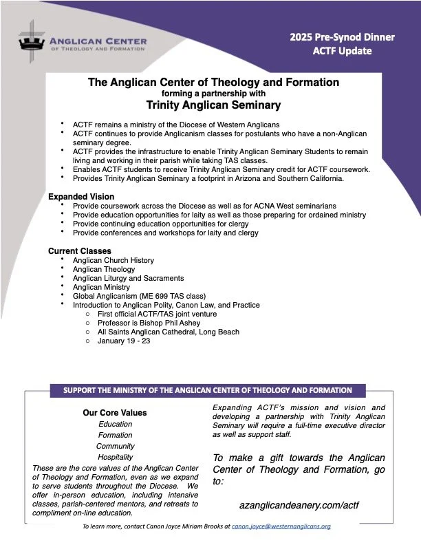 Jan 19-23,2026 - Anglican Polity, Canon Law and Practice class (jointly between Trinity Seminary and ACTF)