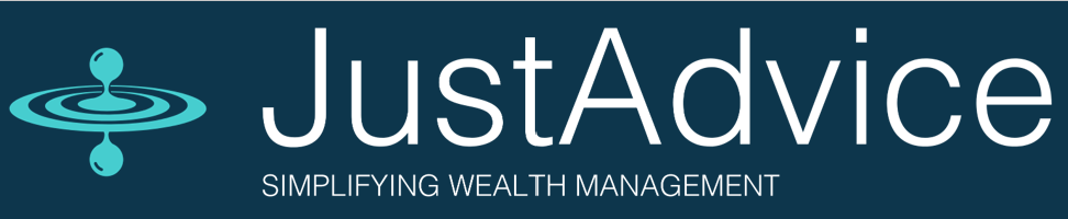 JustAdvice logo with a water drop and ripple icon, text 'JustAdvice' and 'Simplifying Wealth Management'