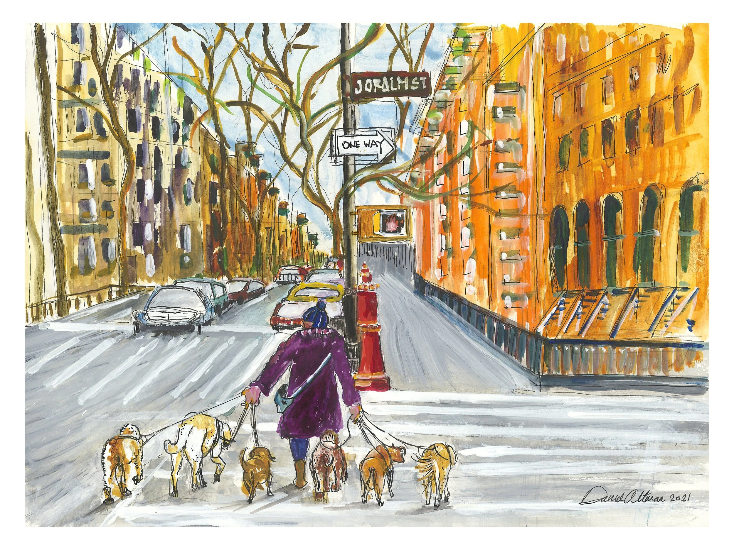 Dog Walker Winter in Brooklyn  available as a print 