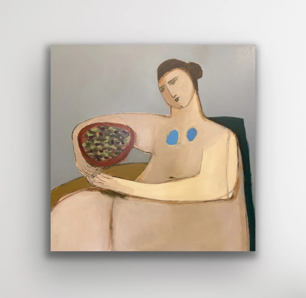 Muriel and a Bowl of Olives, 25.5 x 25.5, mixed media on wood panel framed in gold floater frame, 1500.jpg