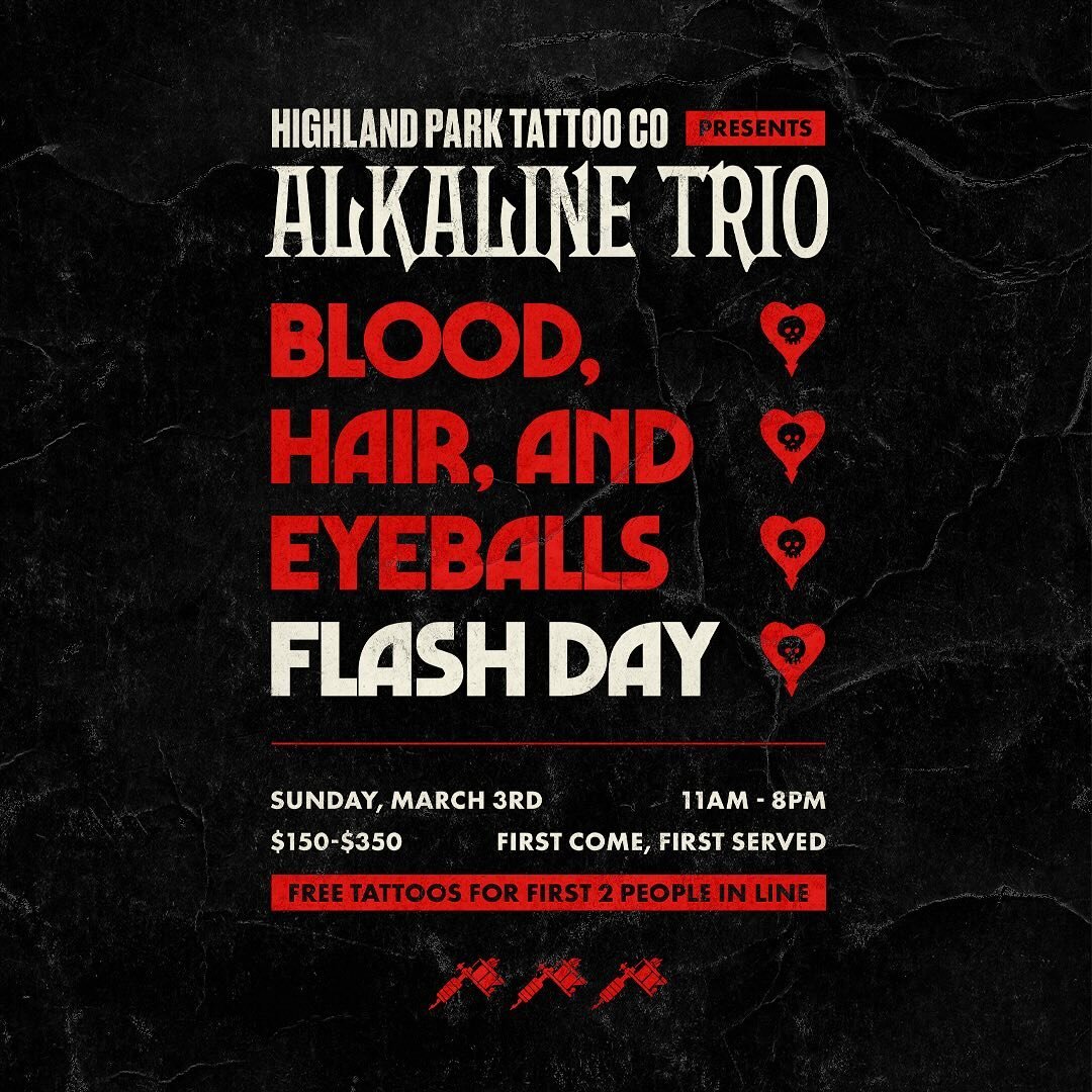 @highlandparktattooco is teaming up with @riserecords for an @alkaline_trio themed flash day! Come down and grab some sick designs inspired by their new record!