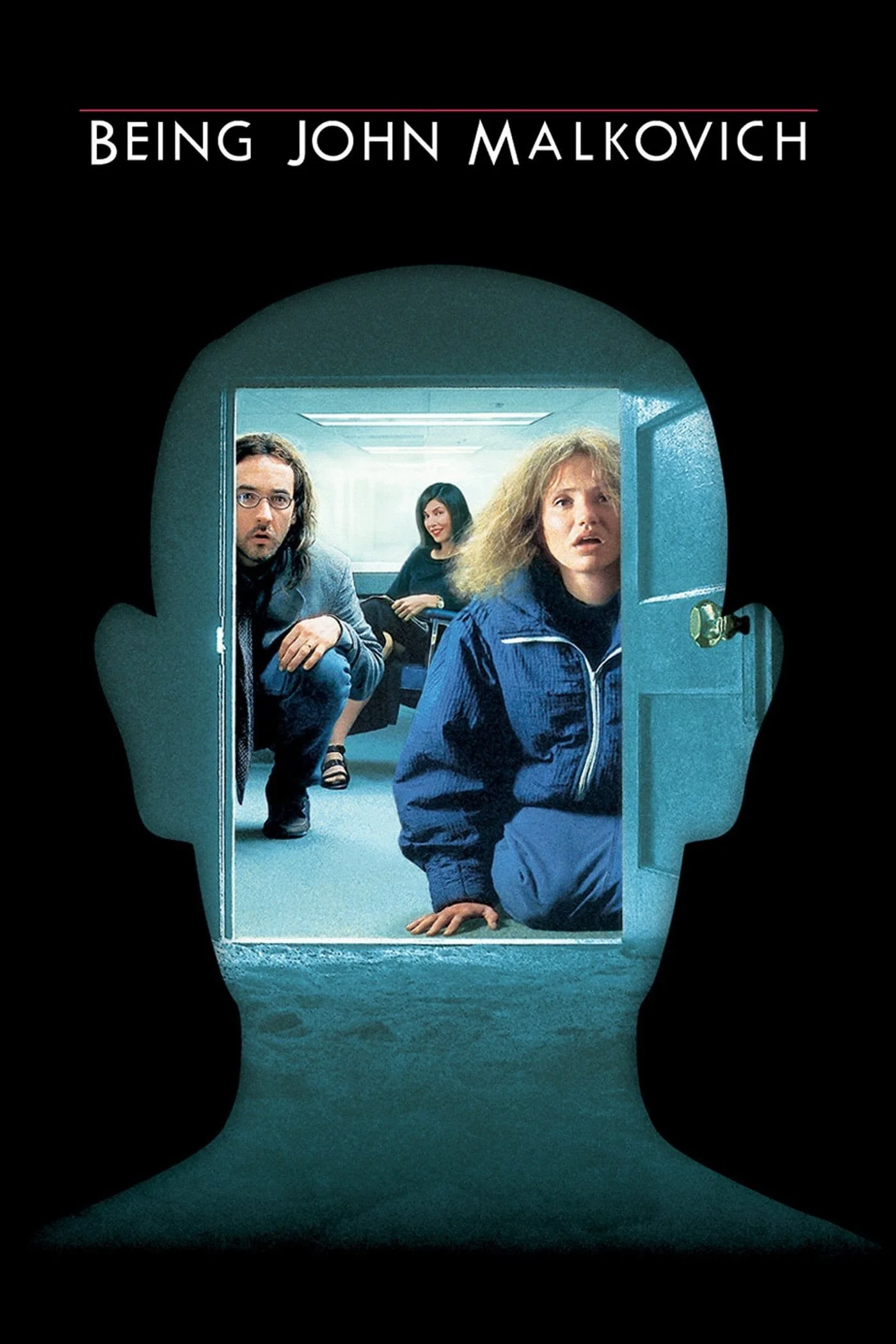The image is a movie poster for "Being John Malkovich." It features three individuals inside the silhouette of a head. The text reads: "Be someone else... 2/6-8 at the Jean Cocteau Cinema."