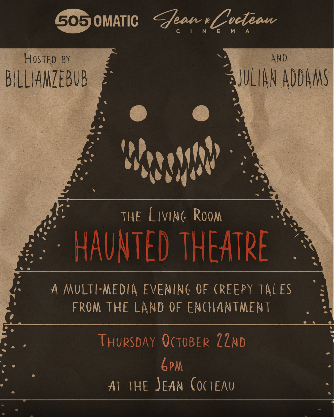 505omatic returns to the Jean Cocteau Cinema with a Halloween edition of 'The Living Room - Haunted Theatre.' 