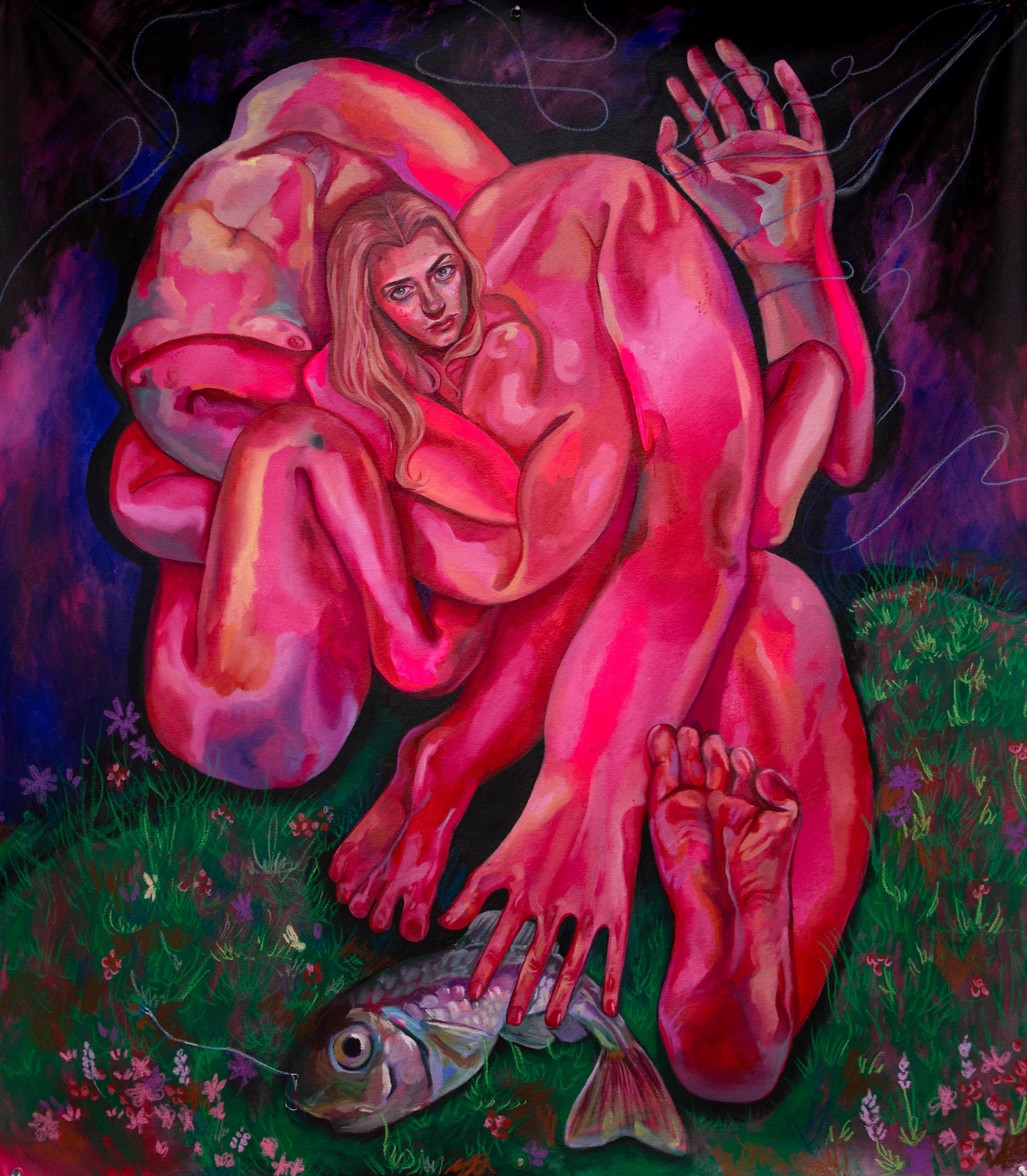 Catch and Release, 2022, acrylic and oil pastel on canvas, 67 x 58.5 in.