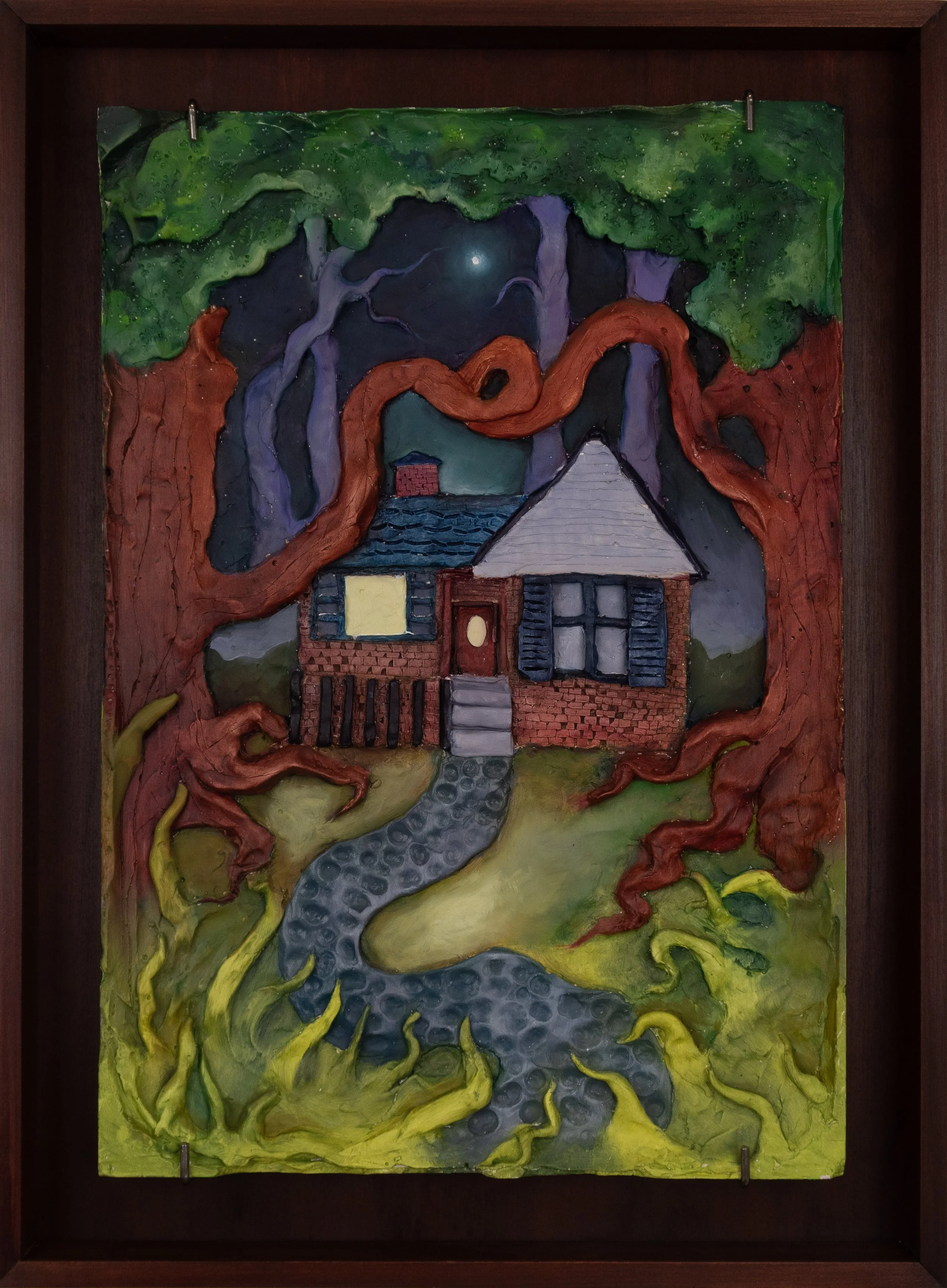 Cradle, 2025, Oil on Plaster in Stained Cherry Frame, 22 x 16.25 x 2.25 in.