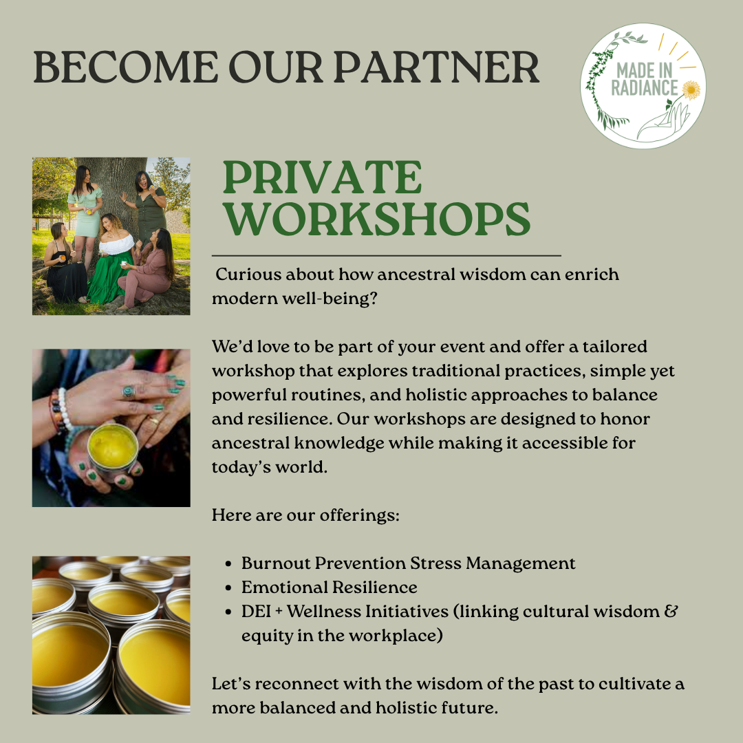 An advertisement for private workshops focused on ancestral wisdom, wellness practices, stress management, emotional resilience, and cultural wisdom, with images of people outdoors, hands with jewelry, and candles.