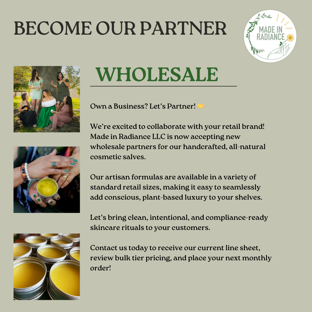 Flyer with information about wholesale partnership opportunities for a natural cosmetic brand, including images of women outdoors, hand holding cosmetic product, and open cosmetic jars.