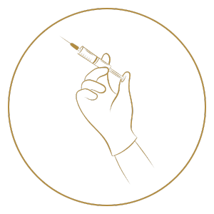 Line drawing of a hand holding a syringe inside a circular border.