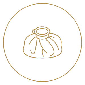 Line drawing of a wrapped candy in a round container, outlined in gold on a black background.