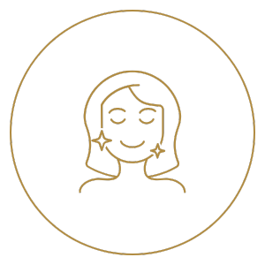 Minimalist line drawing of a smiling woman with earrings inside a gold circle.