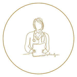 Line drawing of a woman holding a clipboard, wearing a lab coat, within a circular border.