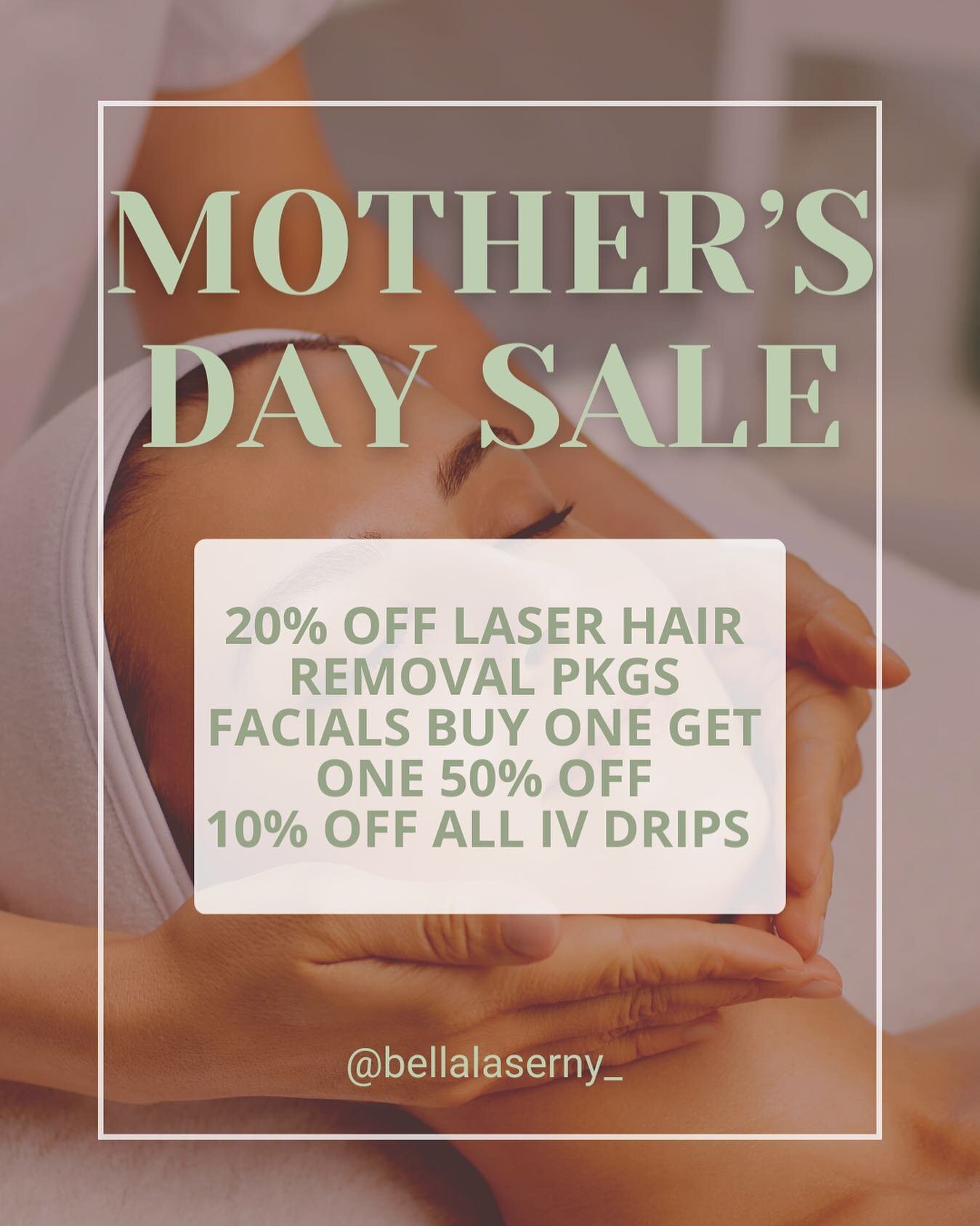 We are launching our promotions as a way to congratulate all the moms on this upcoming Mothers Day! 💗

What better gift to give then smooth healthy skin, just in time for summer. Gift cards are available for purchase. 

Act fast 💨 sale ending Monda