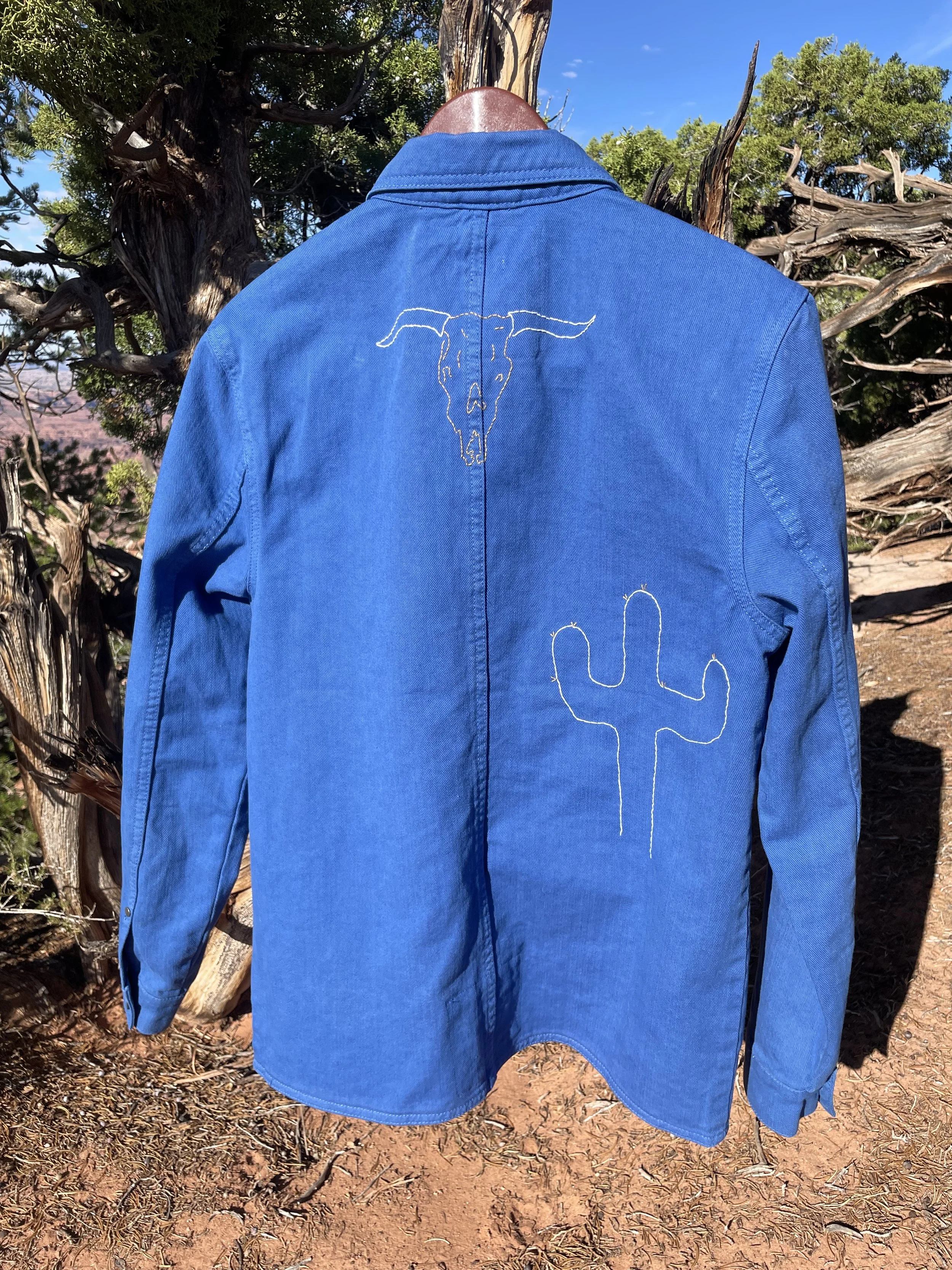 Upcycled 'Native Youth' Denim Jacket with Embroidery Stitching Sz Med