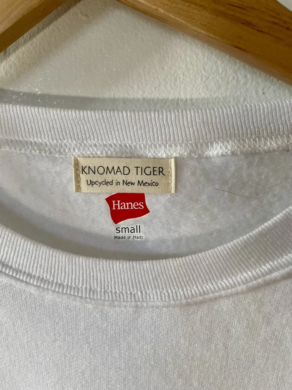 Upcycled Secondhand White Hanes Block Stamped Sweatshirt — KNOMAD