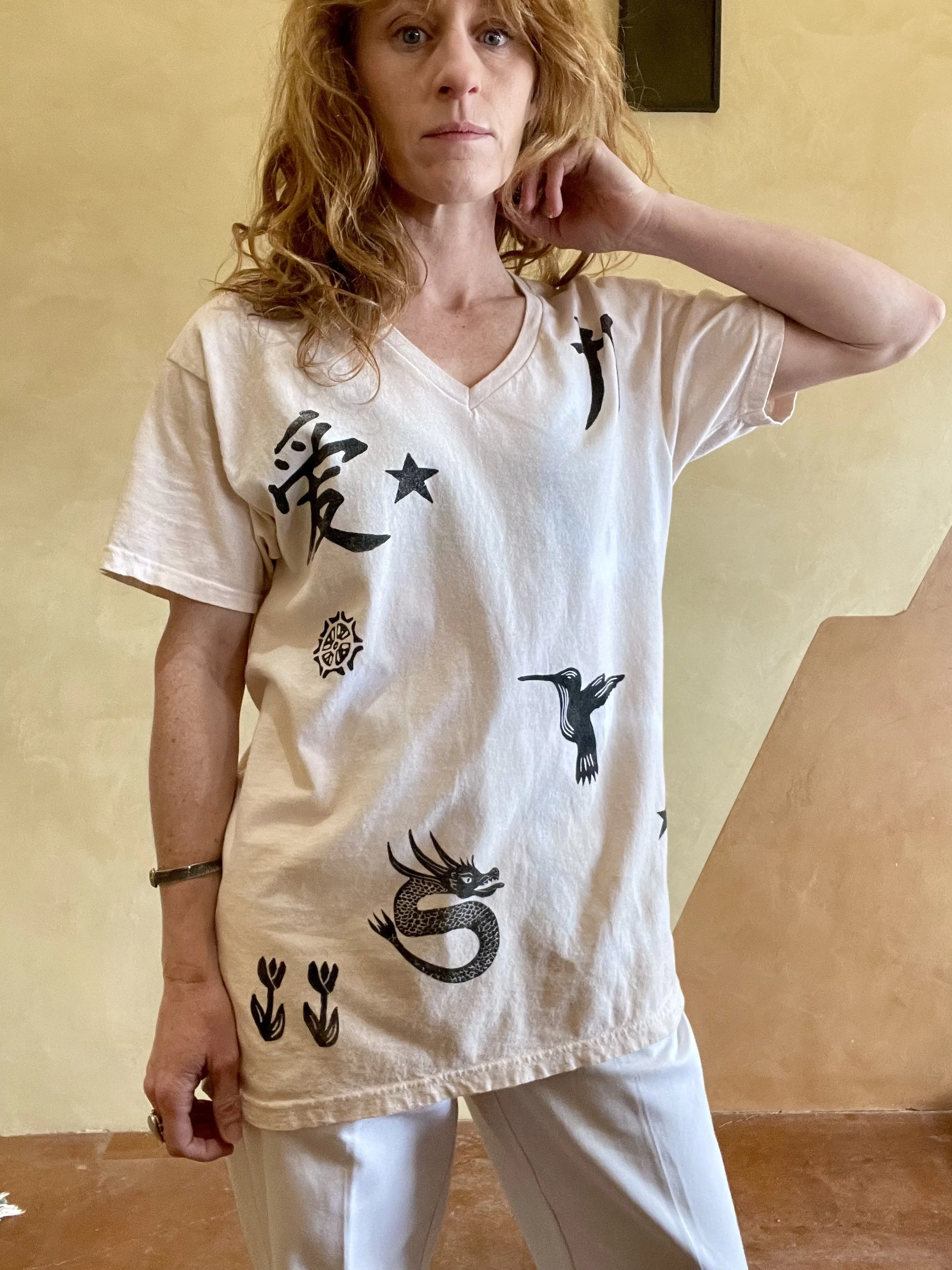 Upcycled Pink Vneck Tee with Block Print