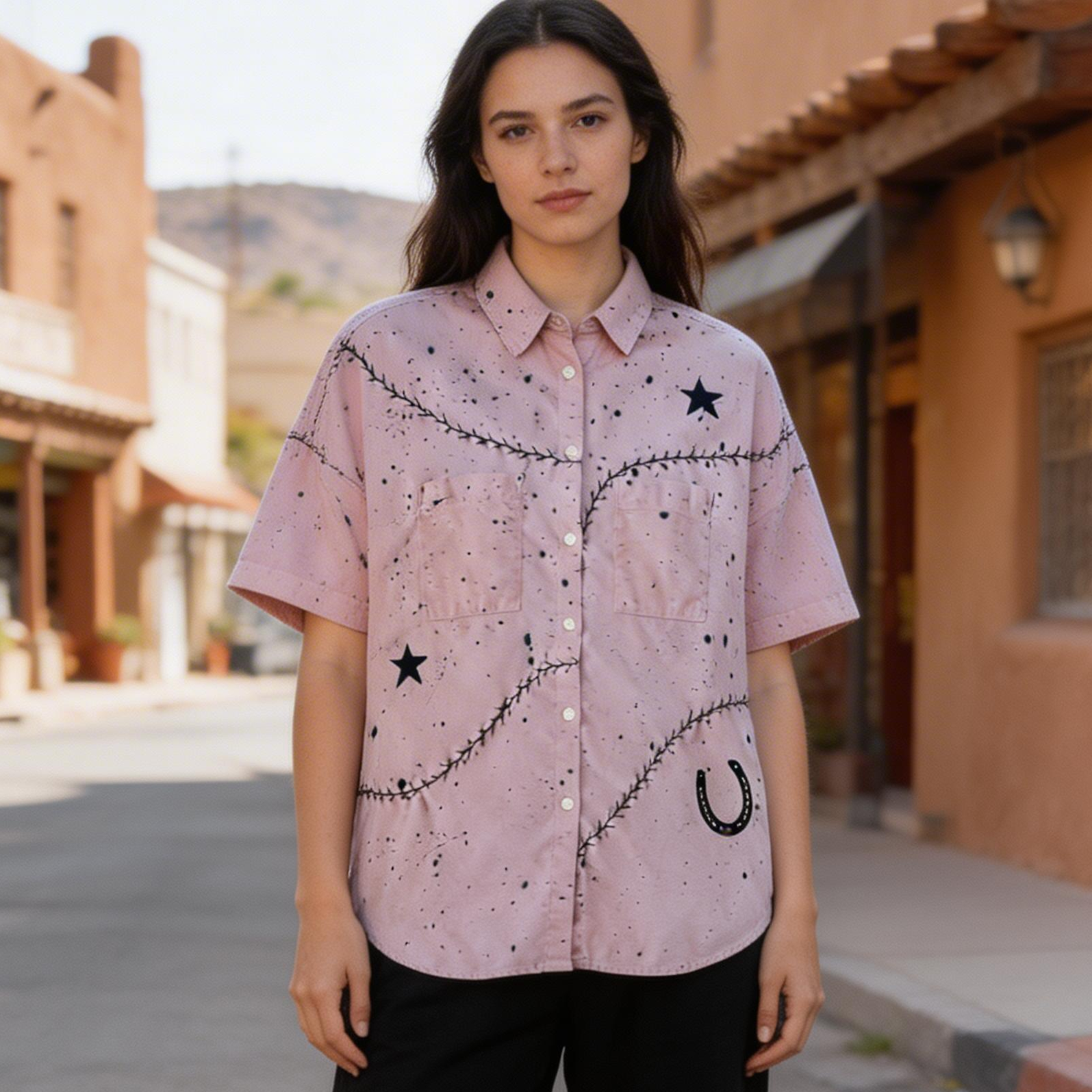 Upcycled Lilac Purple shirt with Block Print and Embroidery - MED